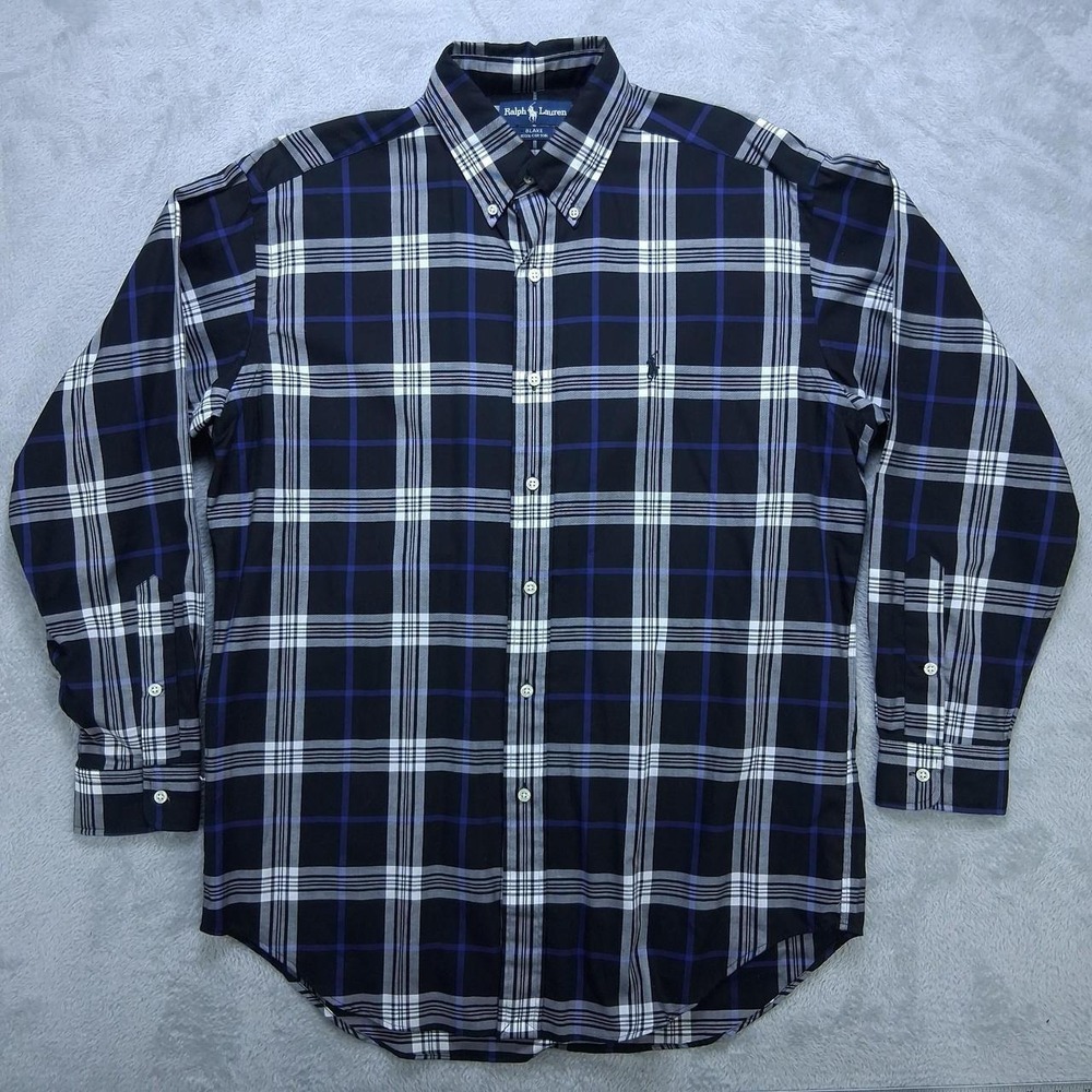 Mens Ralph Lauren Blake Long Sleeve Button Up Shirt Black Blue Plaid Size M